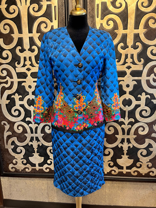 Anne Crimmins for Umi silk multi blue print jacket & skirt