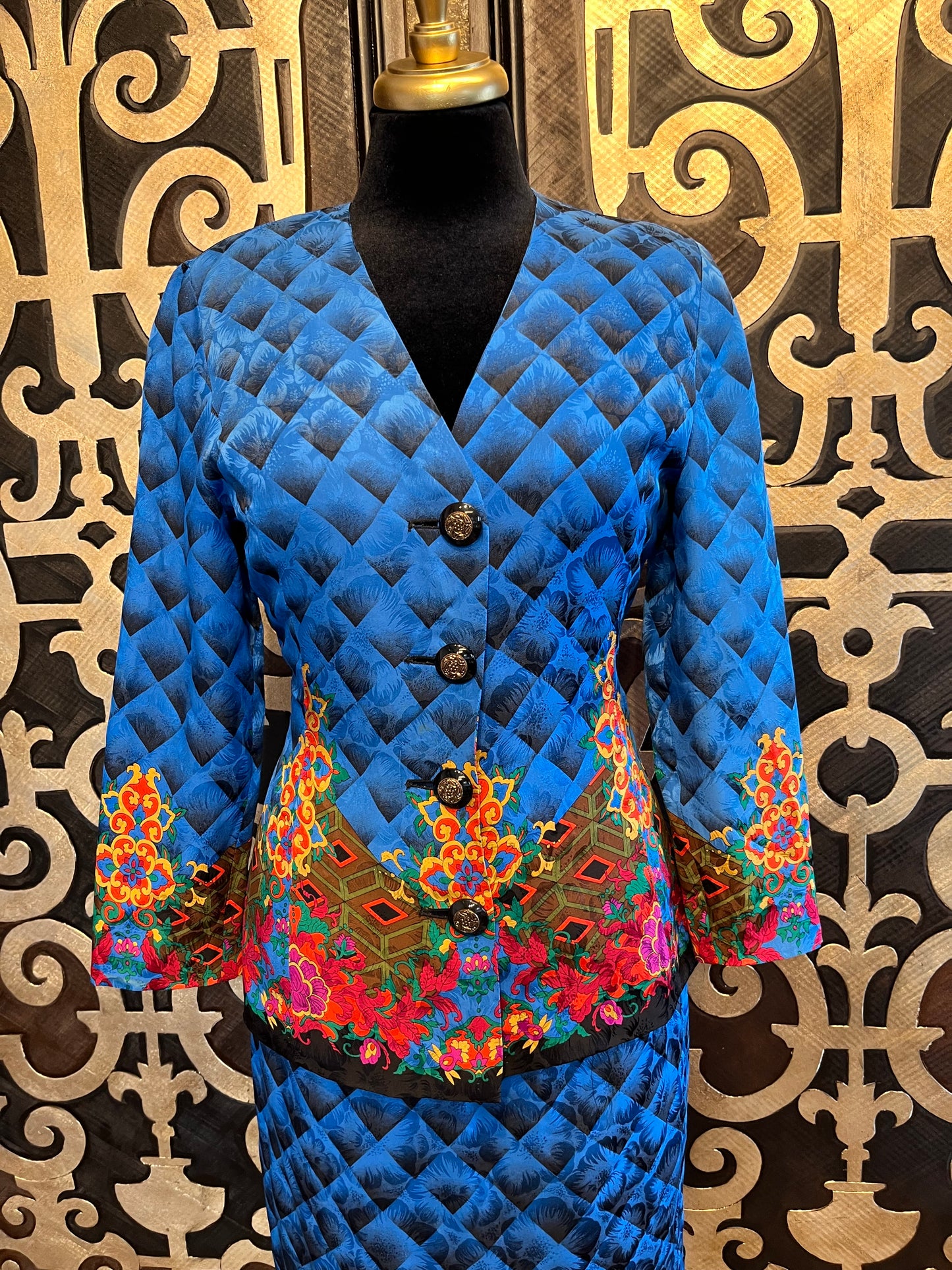 Anne Crimmins for Umi silk multi blue print jacket & skirt