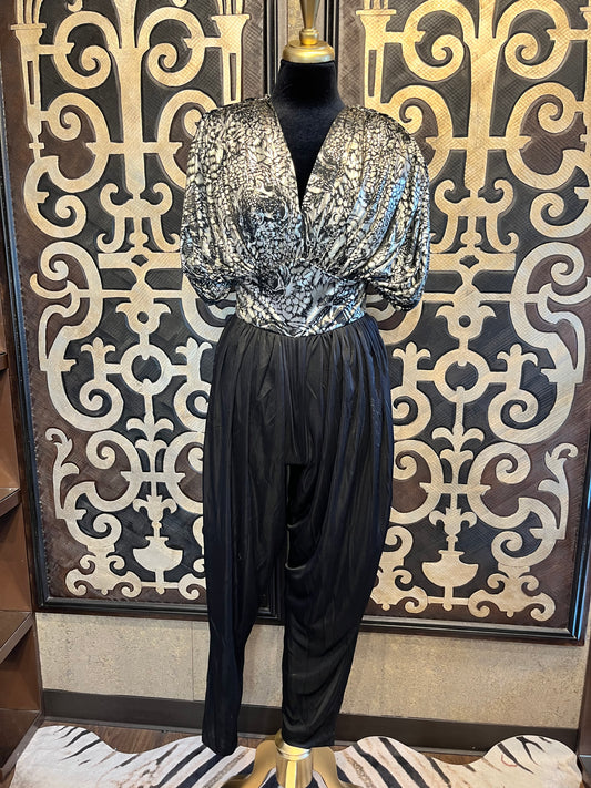 susan roselli for Vijack vintage 80s metallic silver print jumpsuit