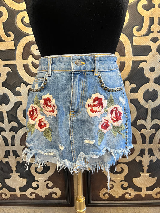 Free People embroidered floral denim skirt