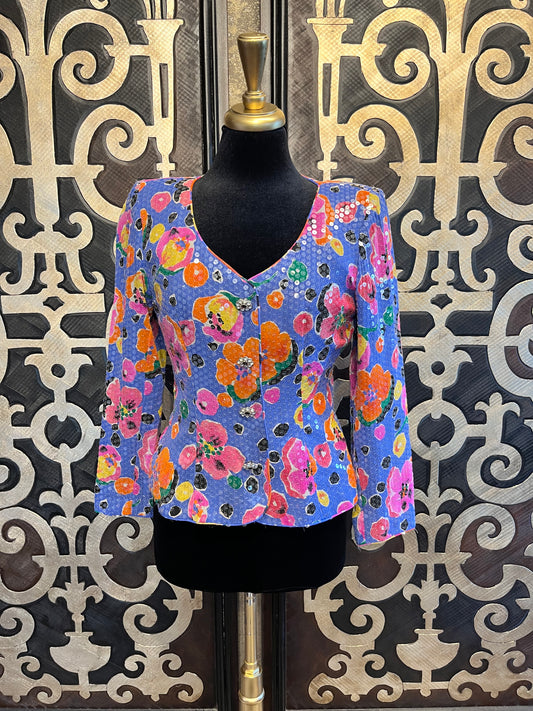 Rickie Freeman vintage silk multi floral sequin jacket