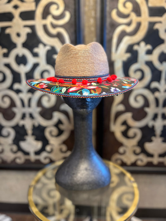 Colorful pom pom trim painted floral hat