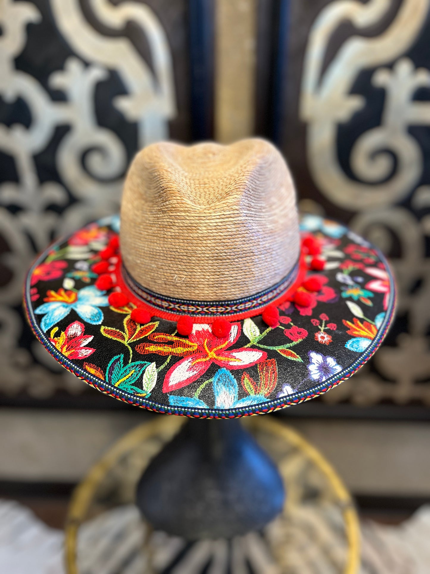 Colorful pom pom trim painted floral hat