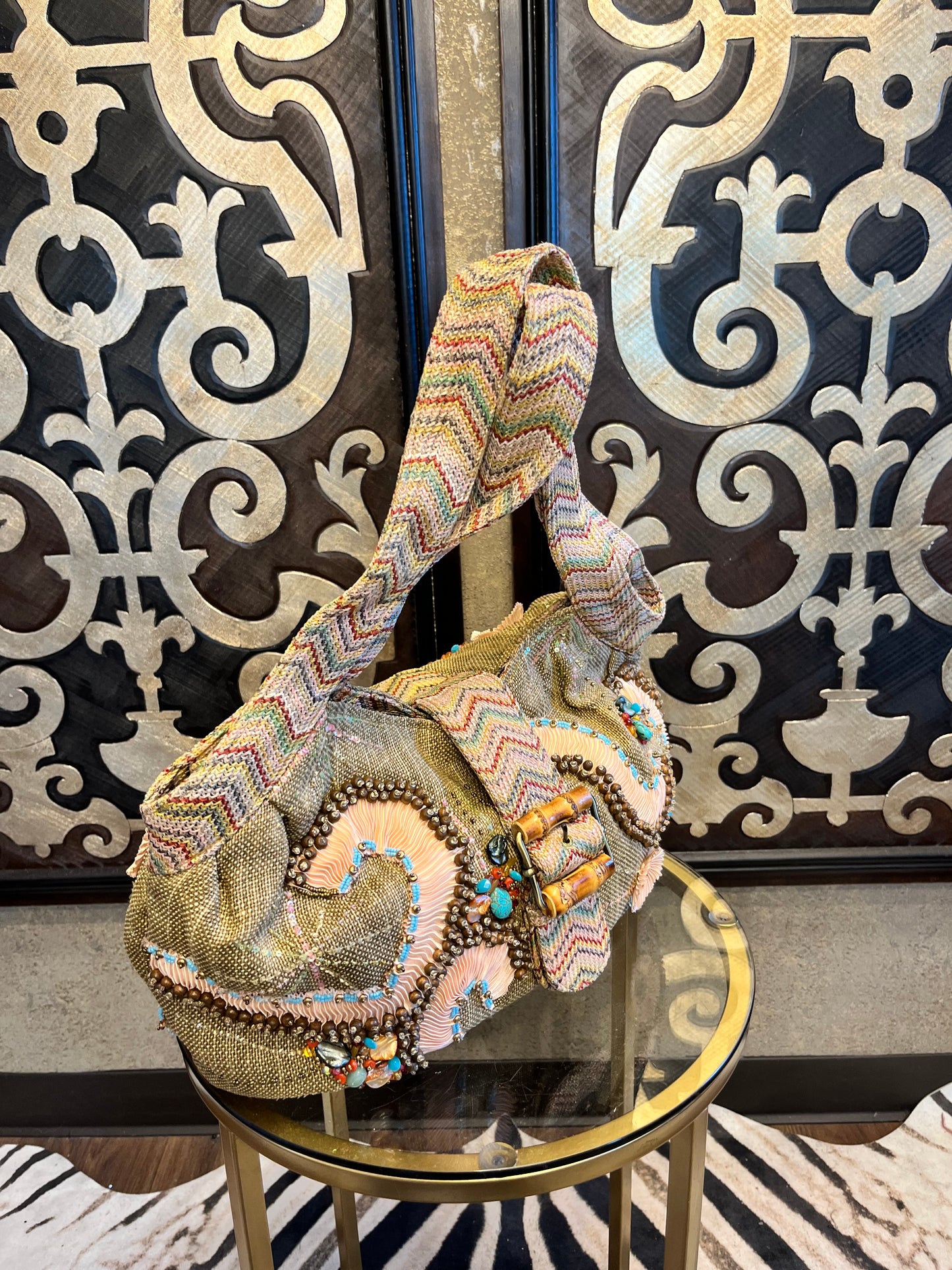 Mary Frances large burlap embellished handbag