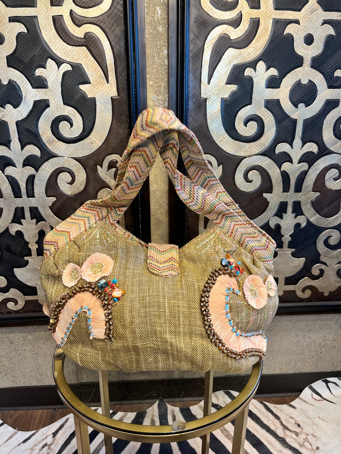 Mary Frances large burlap embellished handbag