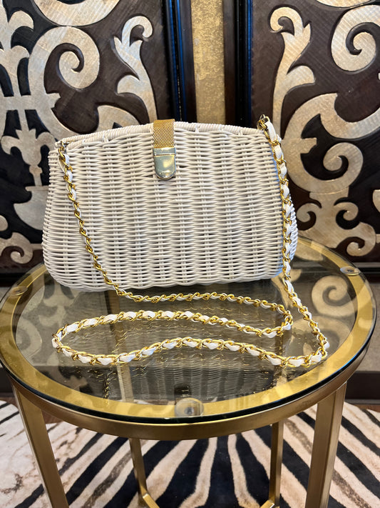 Vintage 80s white woven wicker crossbody handbag