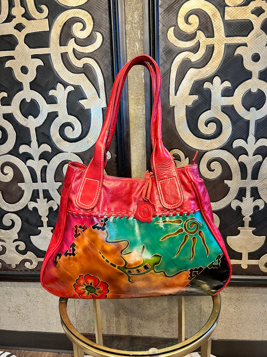 Puro Cuero Colombia leather red multi print handbag