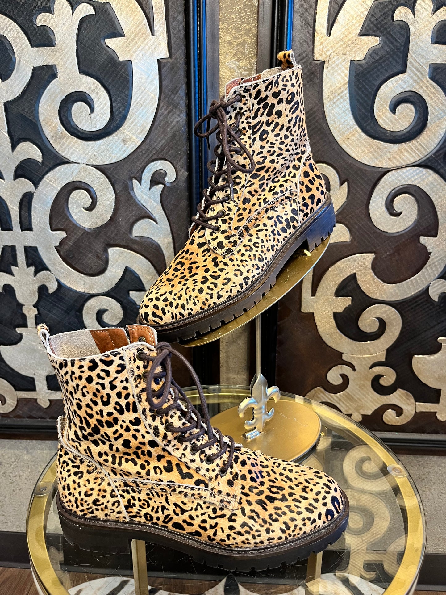 Lucky Brand calf hair animal print combat boots