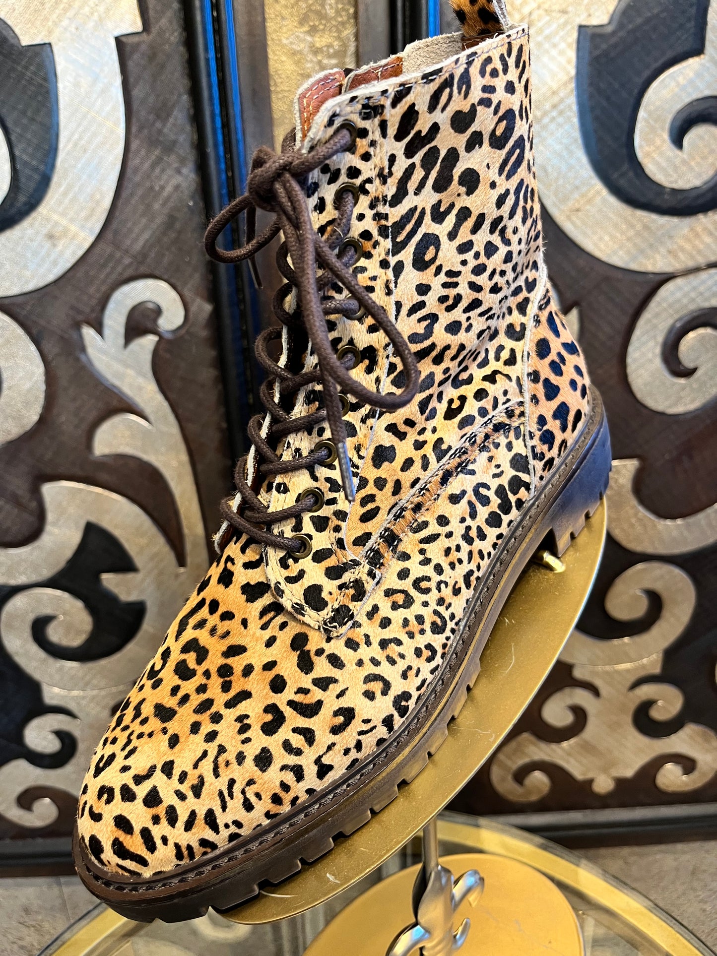 Lucky Brand calf hair animal print combat boots