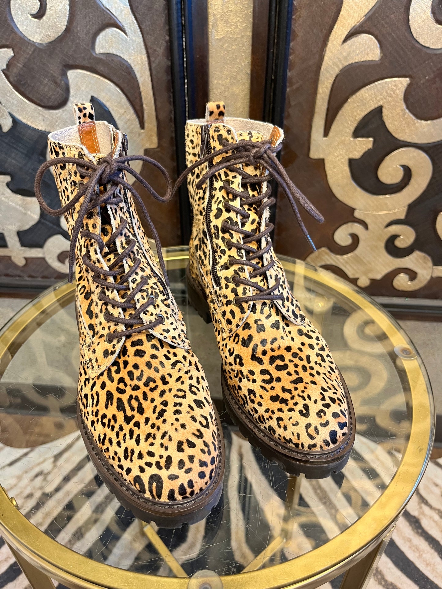 Lucky Brand calf hair animal print combat boots