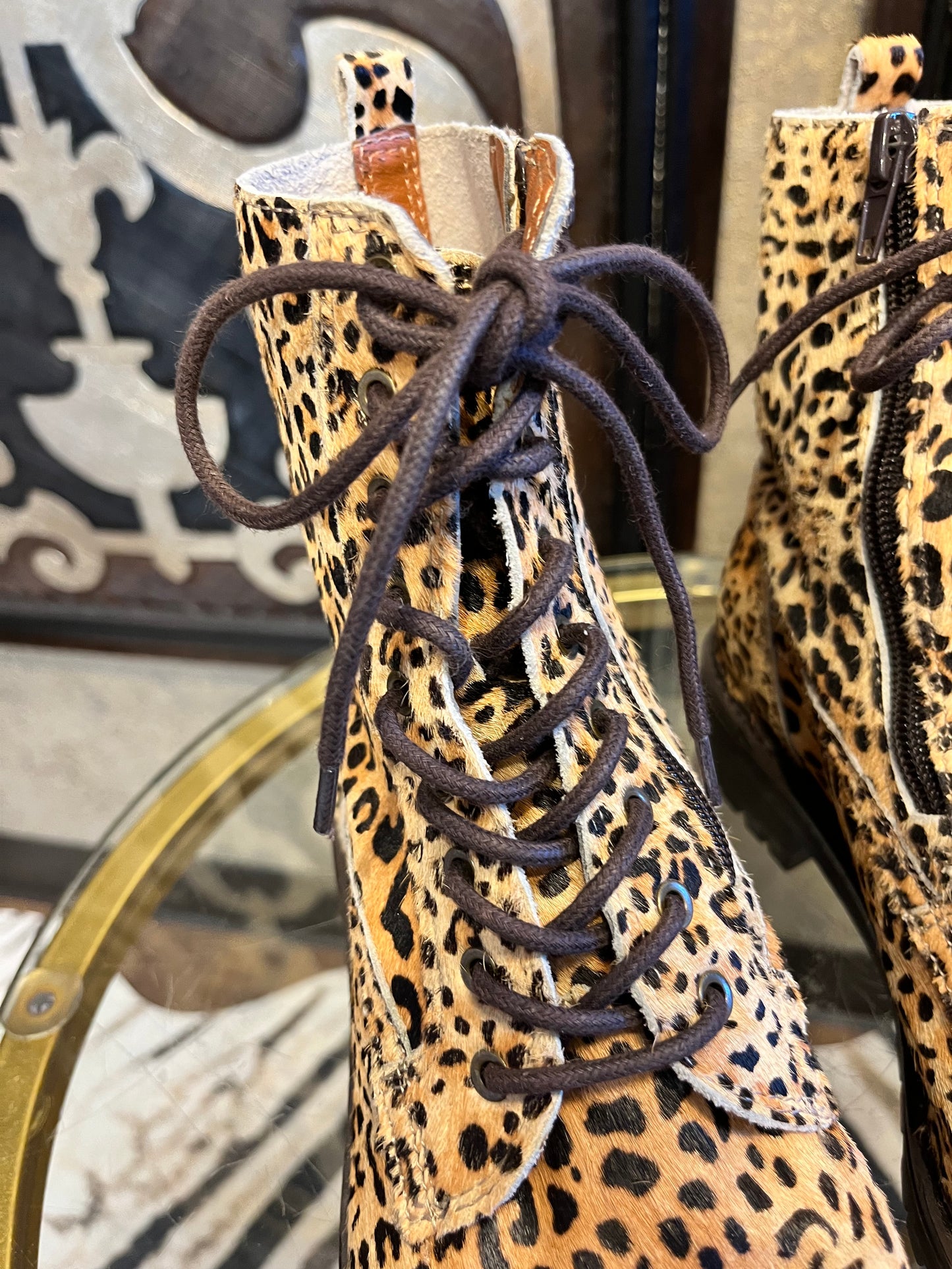 Lucky Brand calf hair animal print combat boots