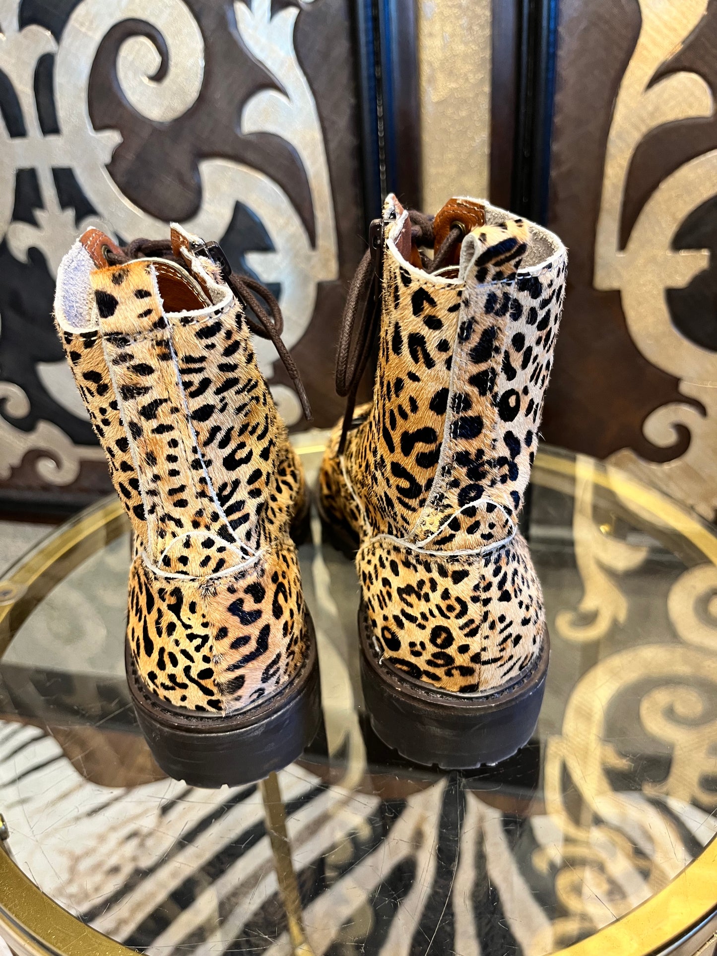 Lucky Brand calf hair animal print combat boots