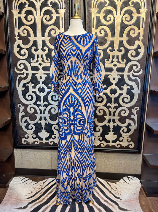 Elite nude blue sequin damask print grown