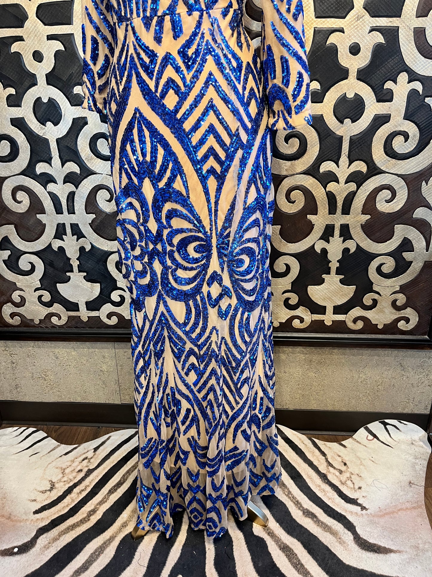 Elite nude blue sequin damask print grown