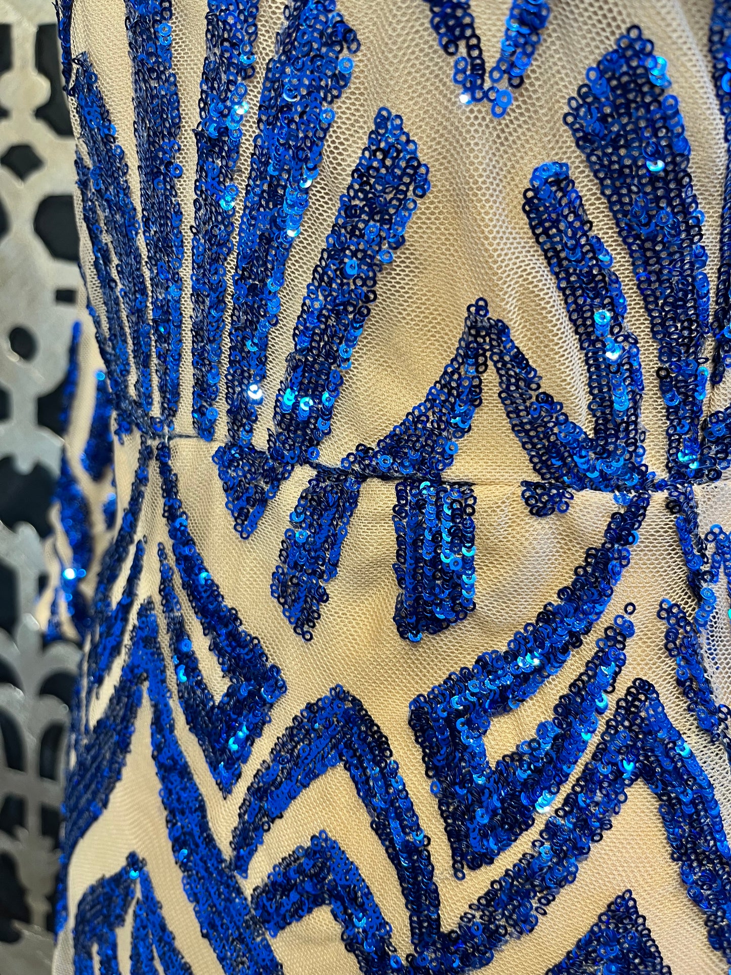 Elite nude blue sequin damask print grown