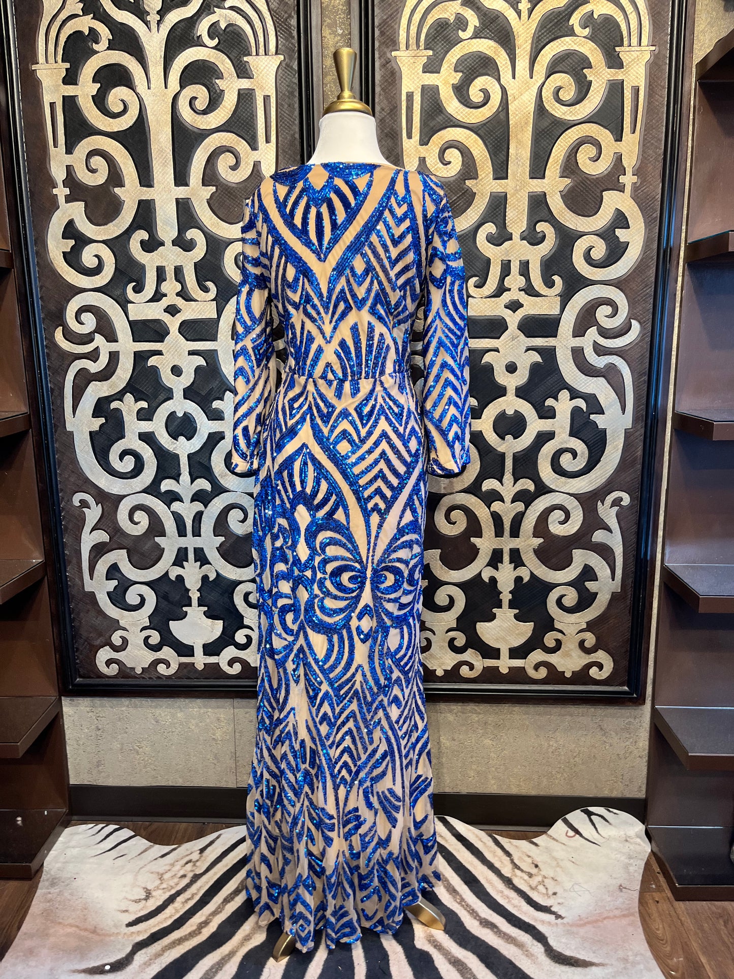 Elite nude blue sequin damask print grown