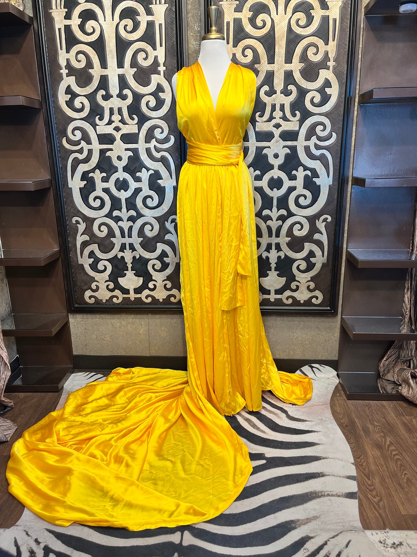 Diana satin yellow wrap maxi long flowy train dress