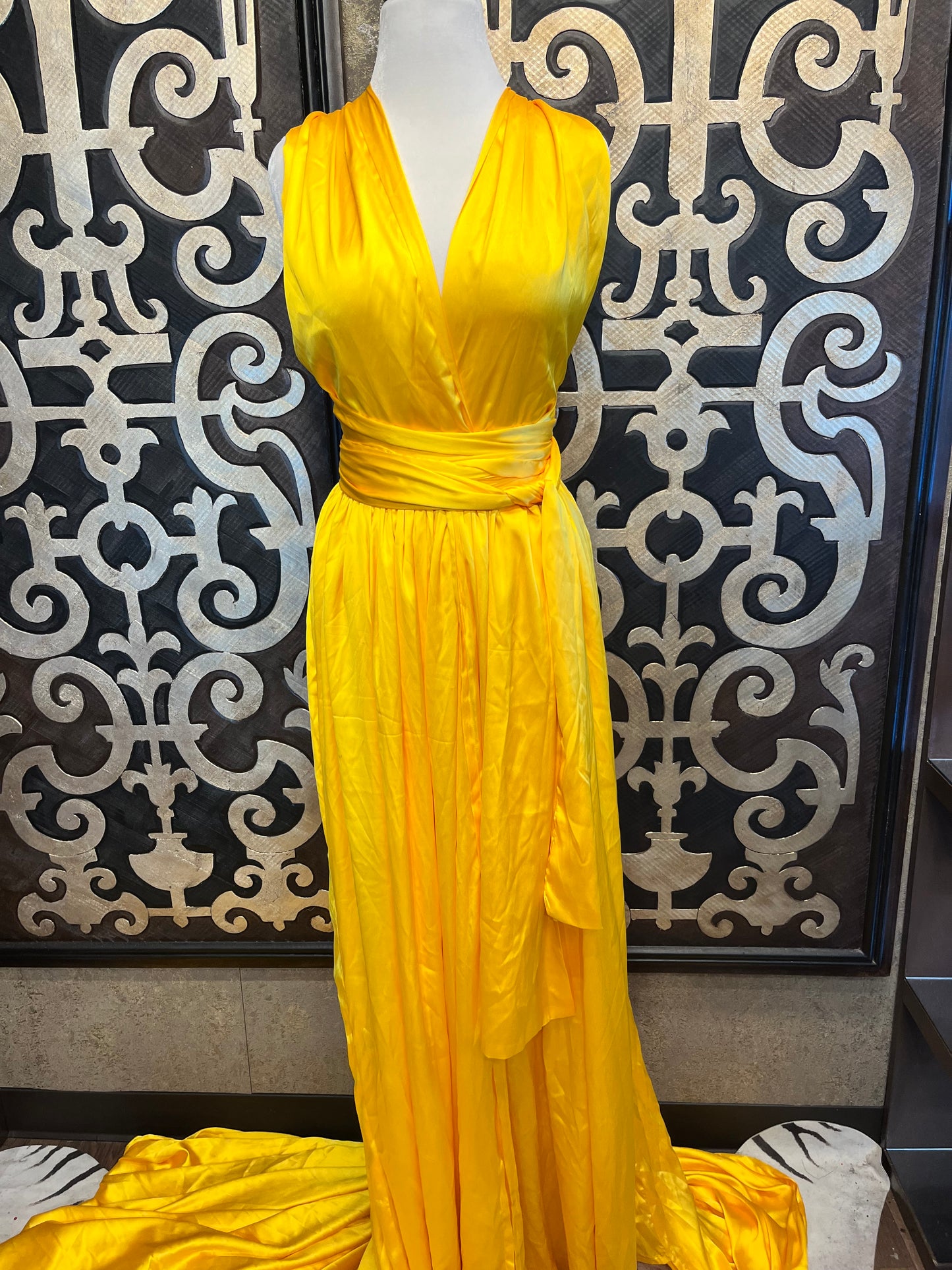 Diana satin yellow wrap maxi long flowy train dress