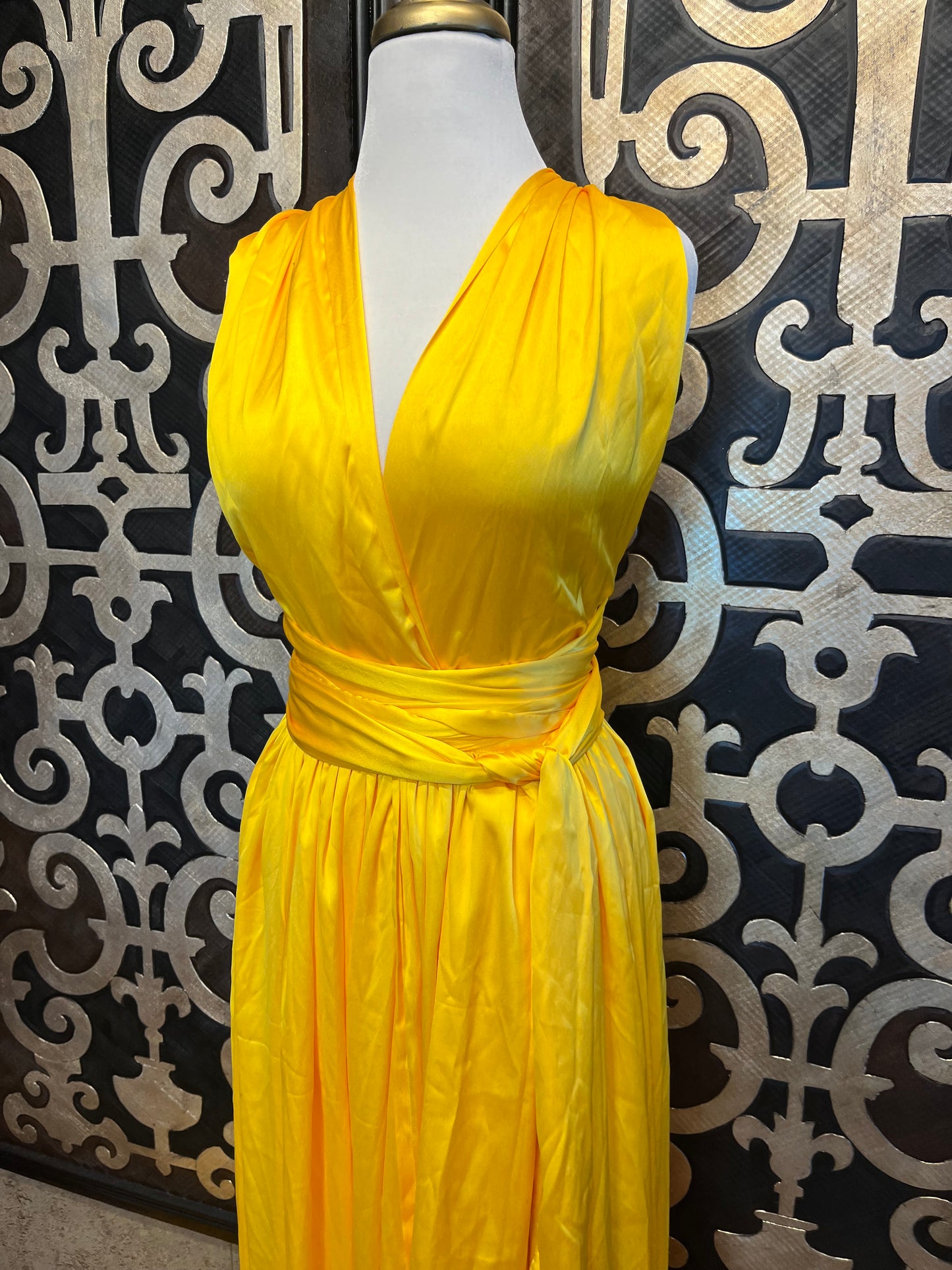 Diana satin yellow wrap maxi long flowy train dress