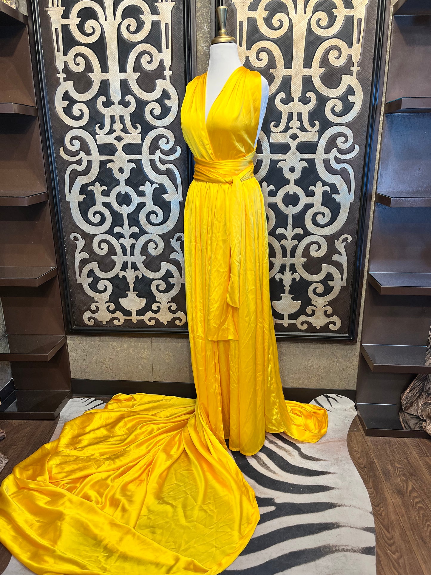 Diana satin yellow wrap maxi long flowy train dress