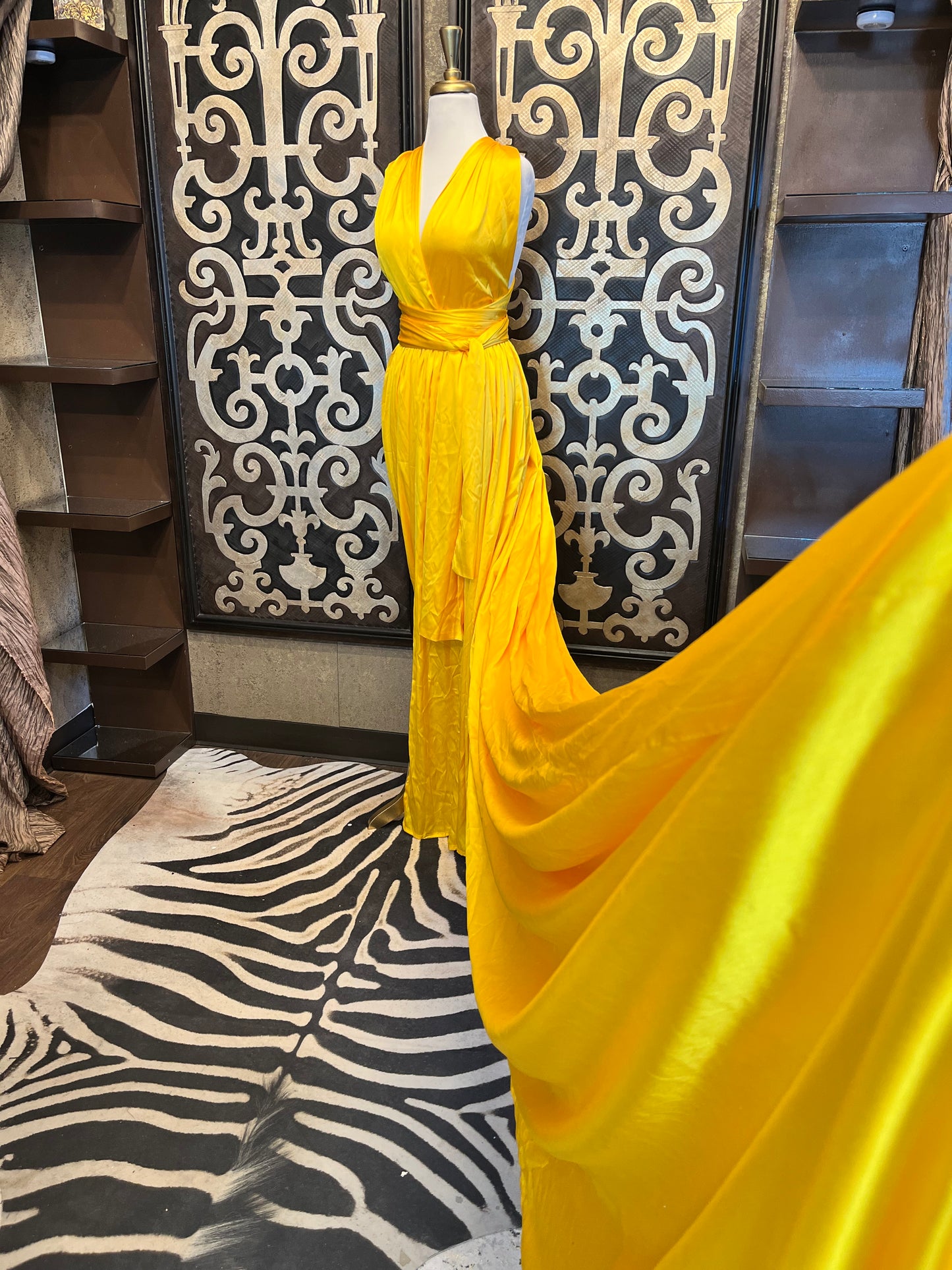 Diana satin yellow wrap maxi long flowy train dress