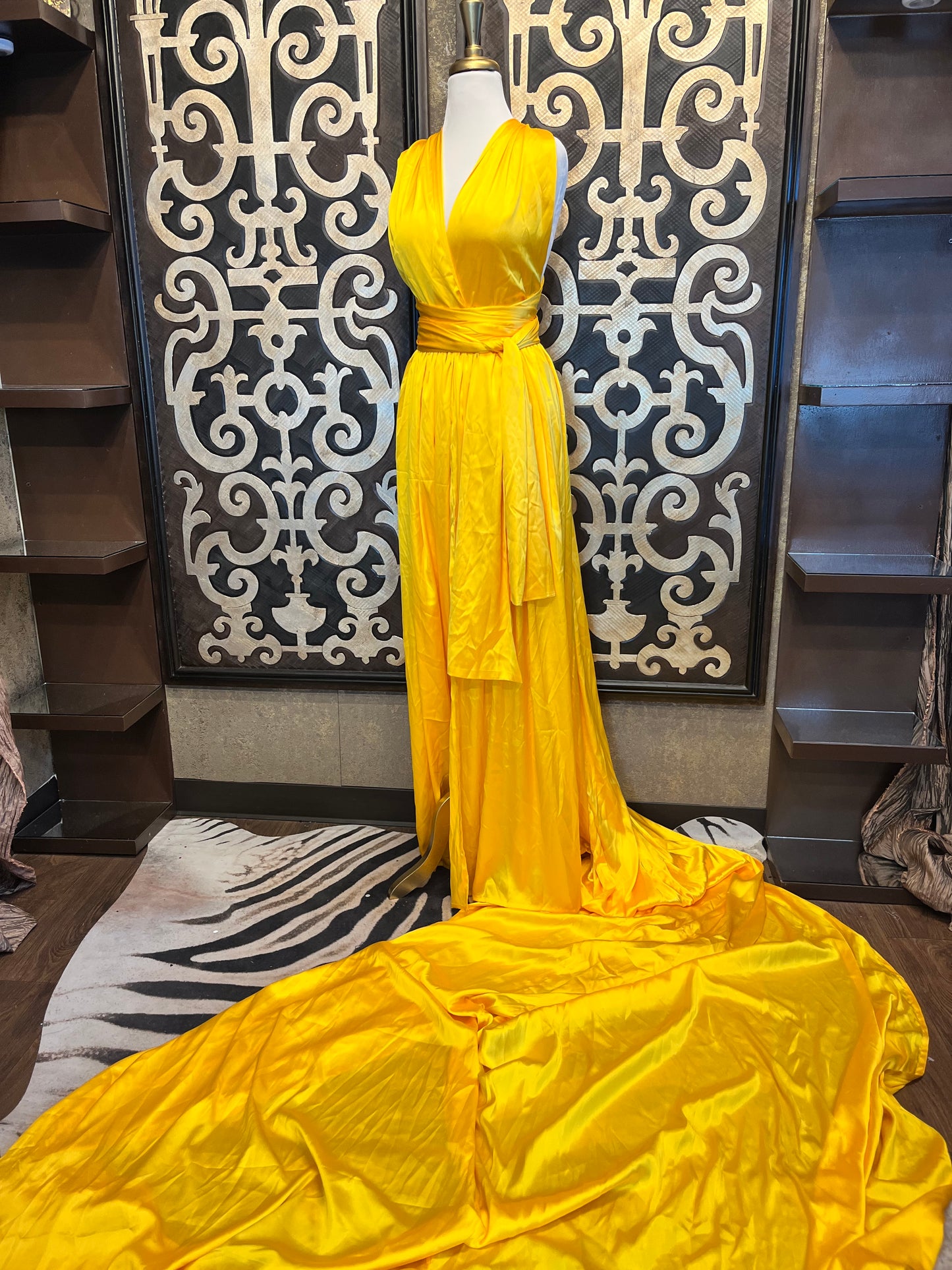 Diana satin yellow wrap maxi long flowy train dress