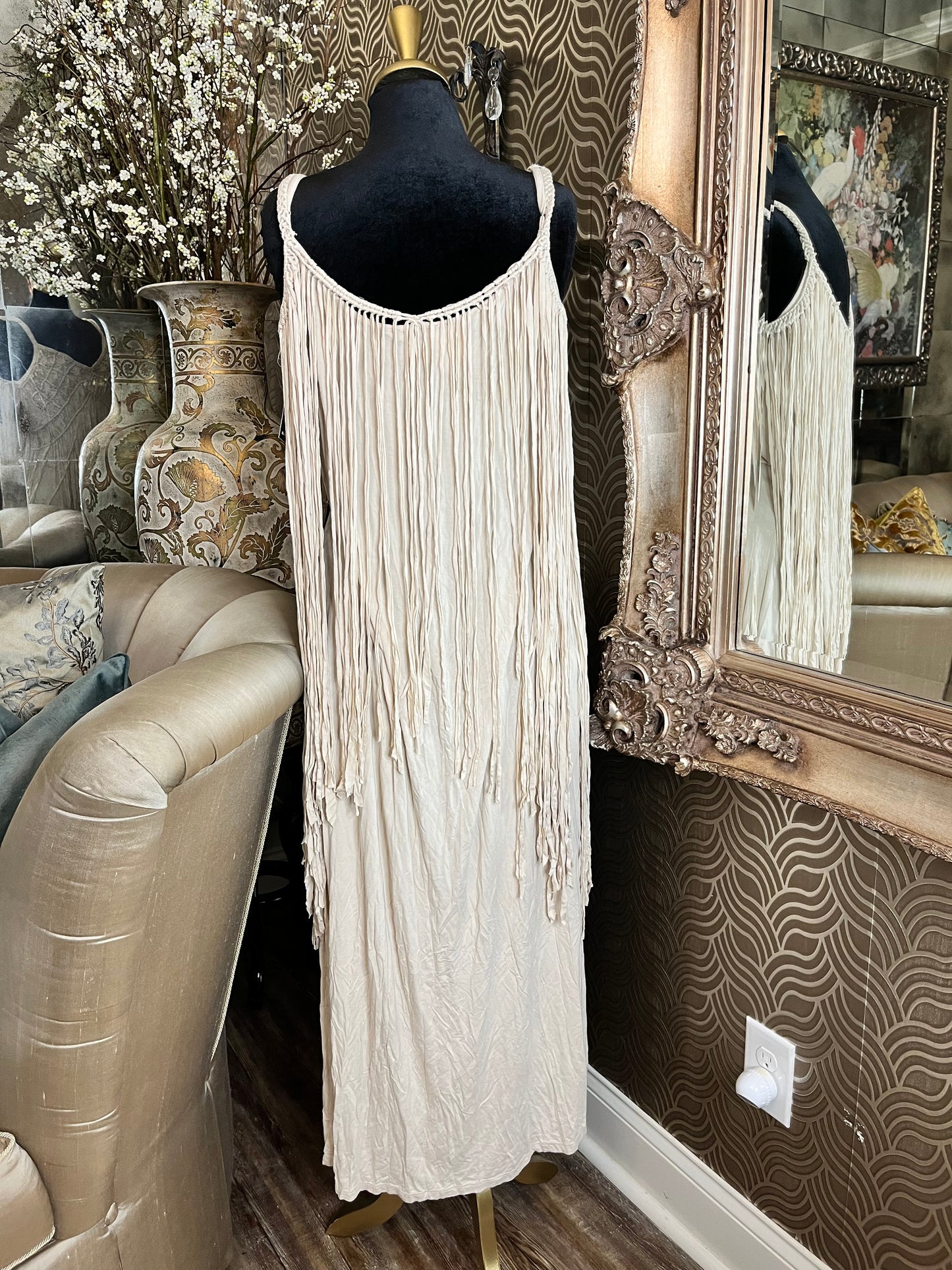 Boston Proper boho fringe crochet maxi dress