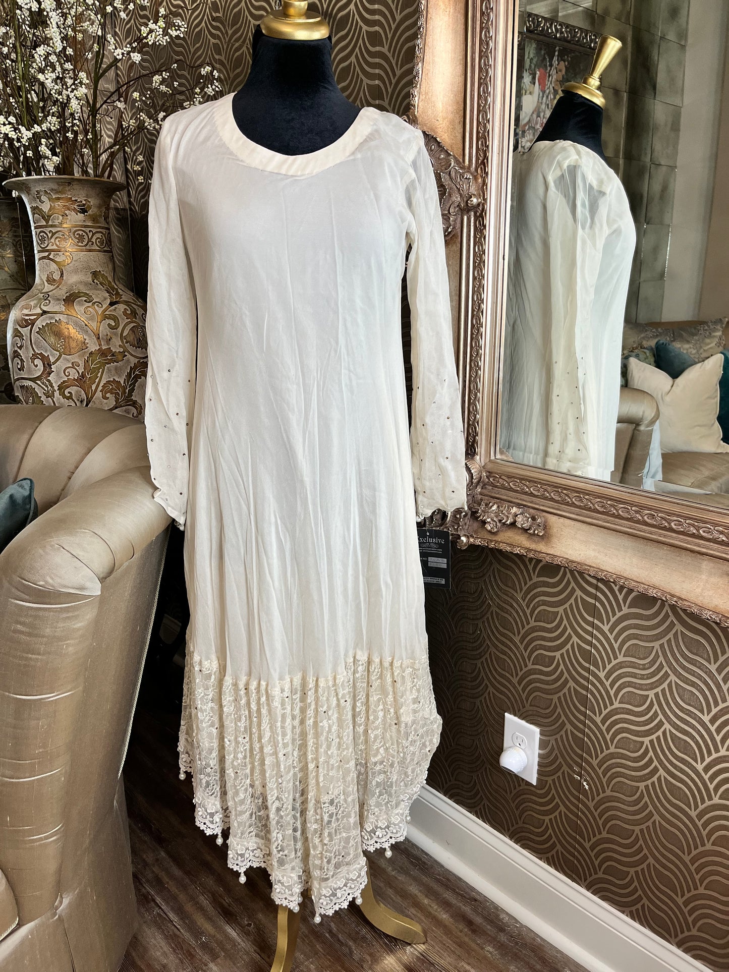 Exclusive silk cream jewel pearl lace dress & vest