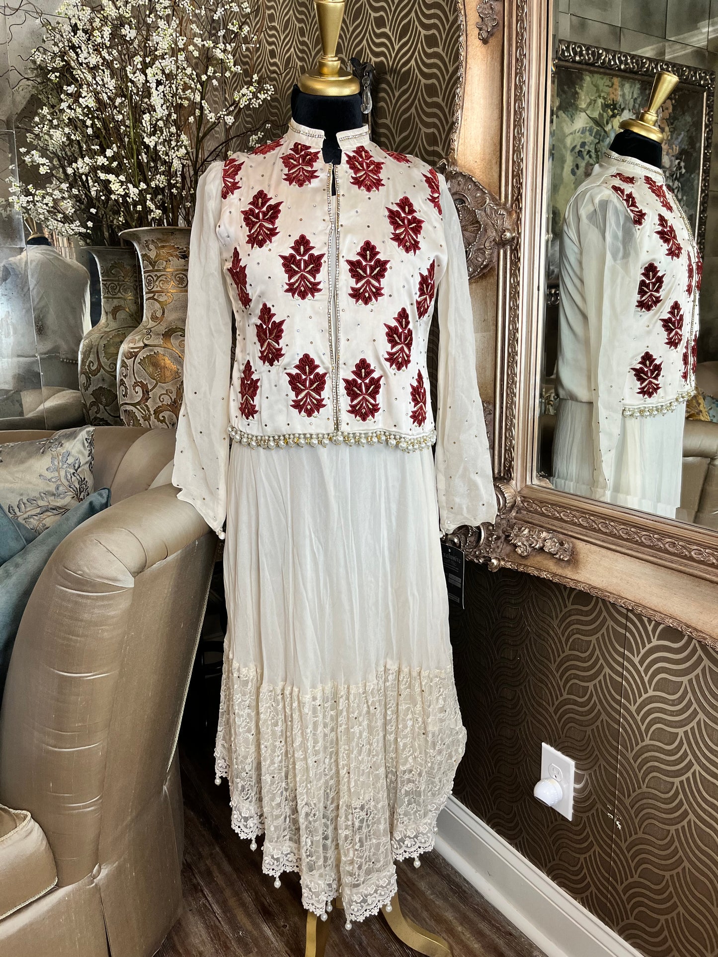 Exclusive silk cream jewel pearl lace dress & vest