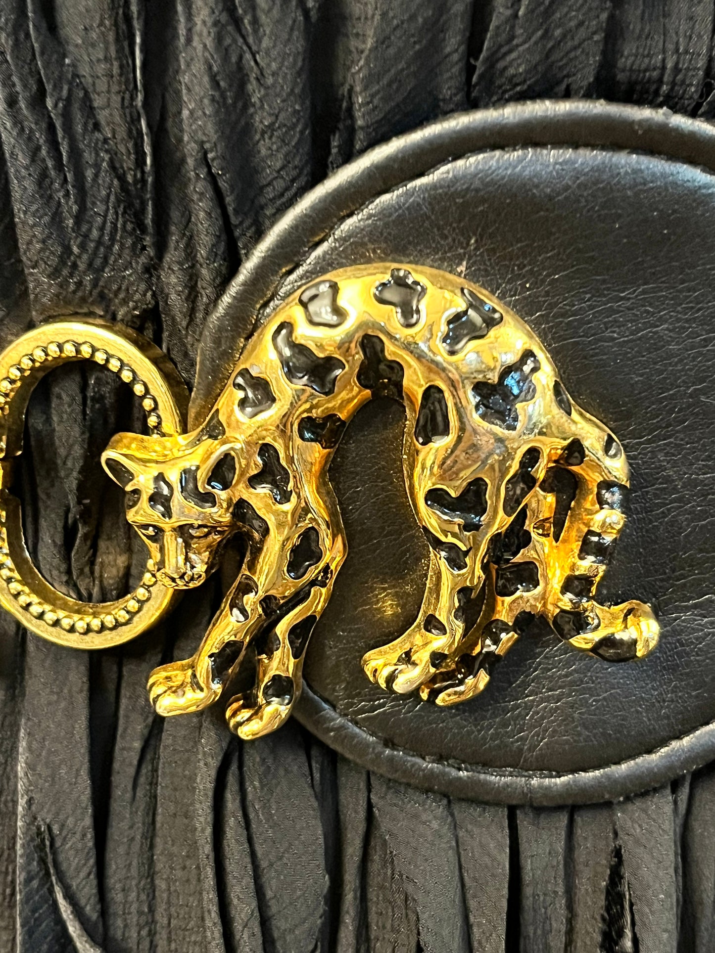 Black vintage panther gold embossed metal belt