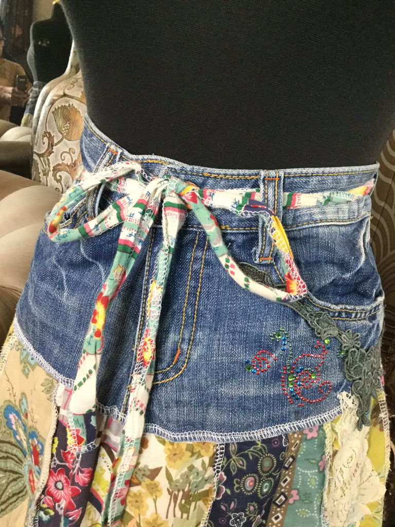 Blue jean multi floral beaded skirt