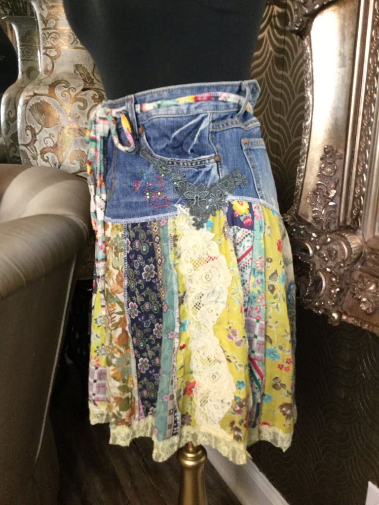 Blue jean multi floral beaded skirt