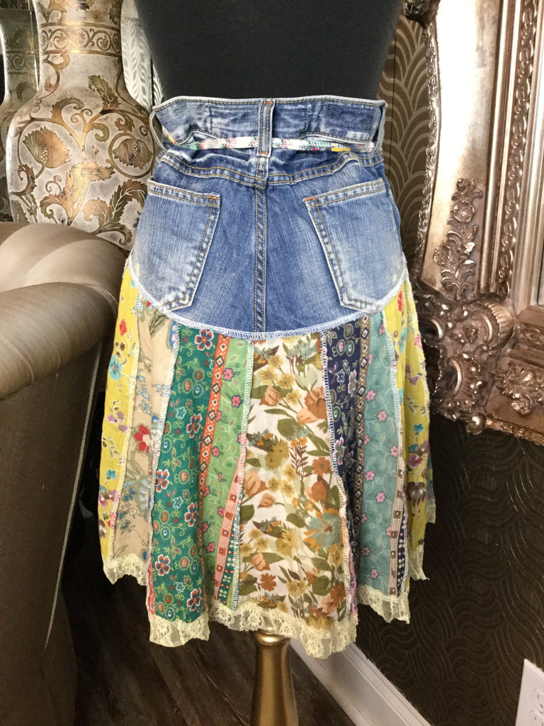 Blue jean multi floral beaded skirt