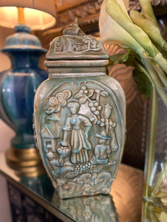 Asian vintage embossed people print vase