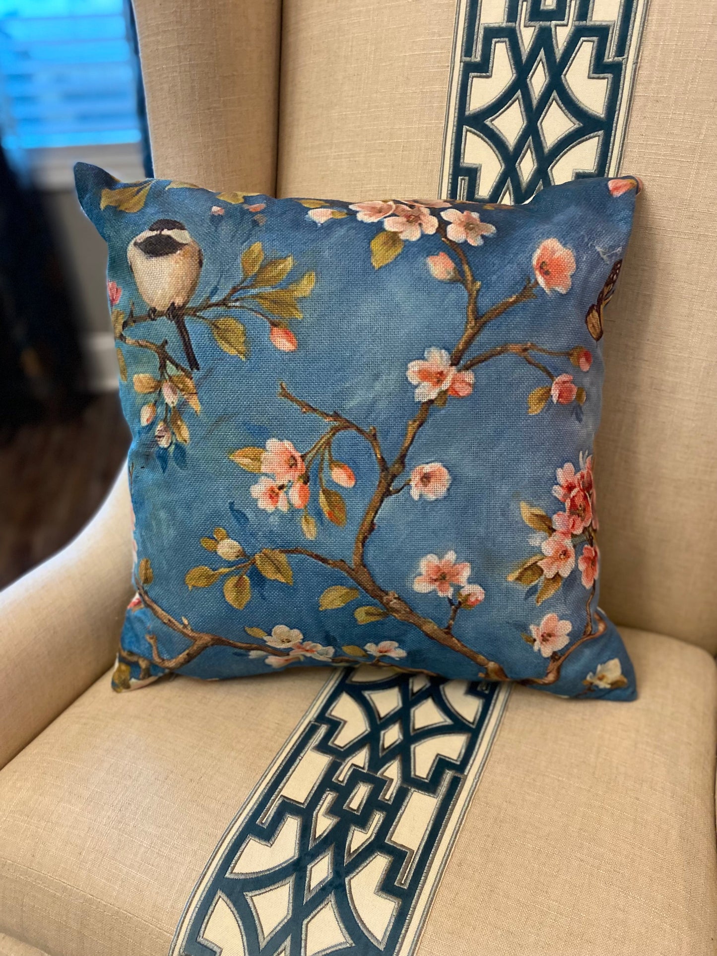 floral bloom teal print pillow