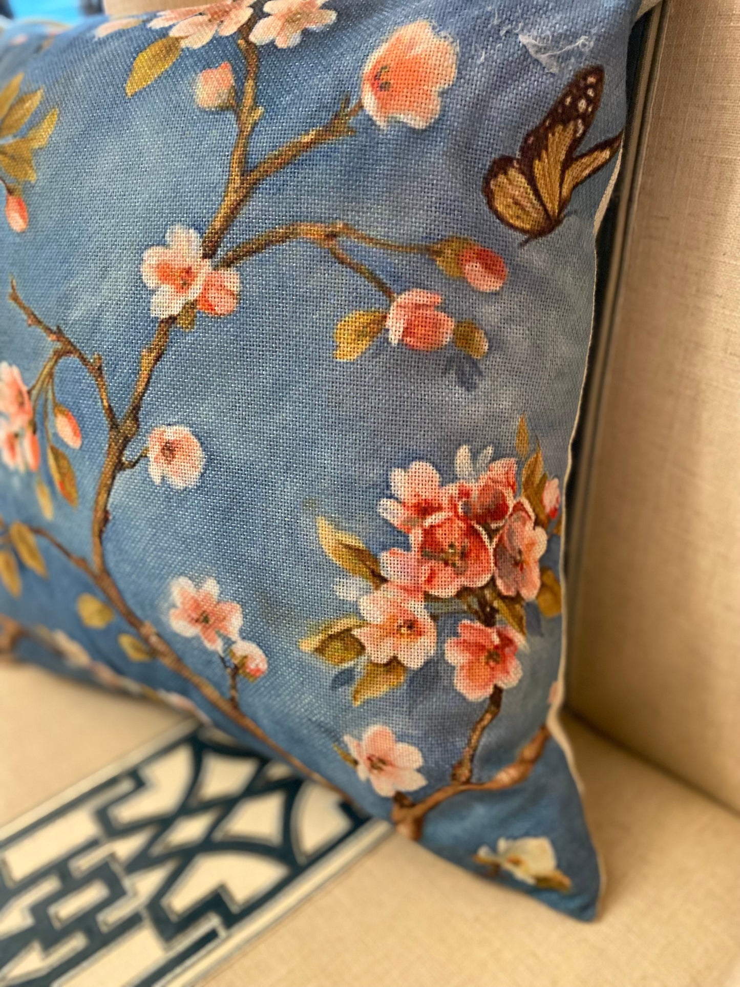 floral bloom teal print pillow