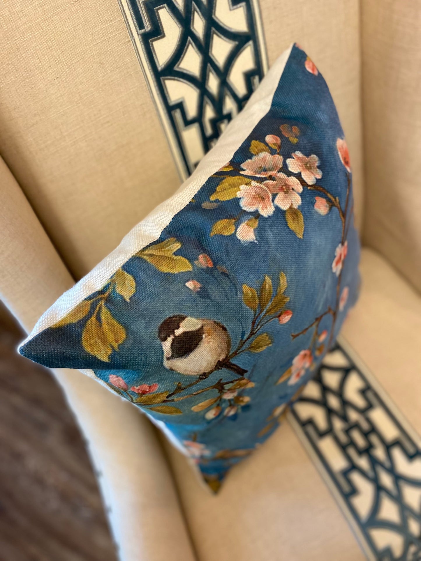 floral bloom teal print pillow