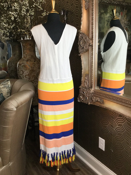 Knit white multi fringe print dress