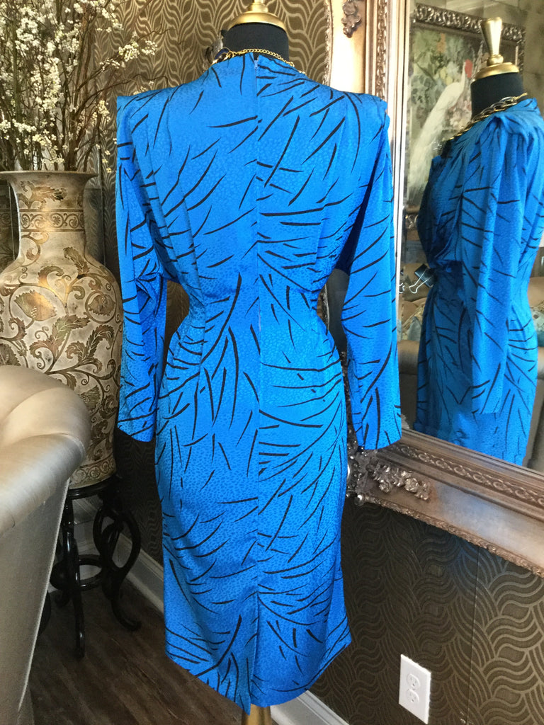 Vintage satin embossed blue black print dress