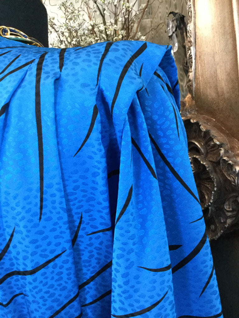 Vintage satin embossed blue black print dress