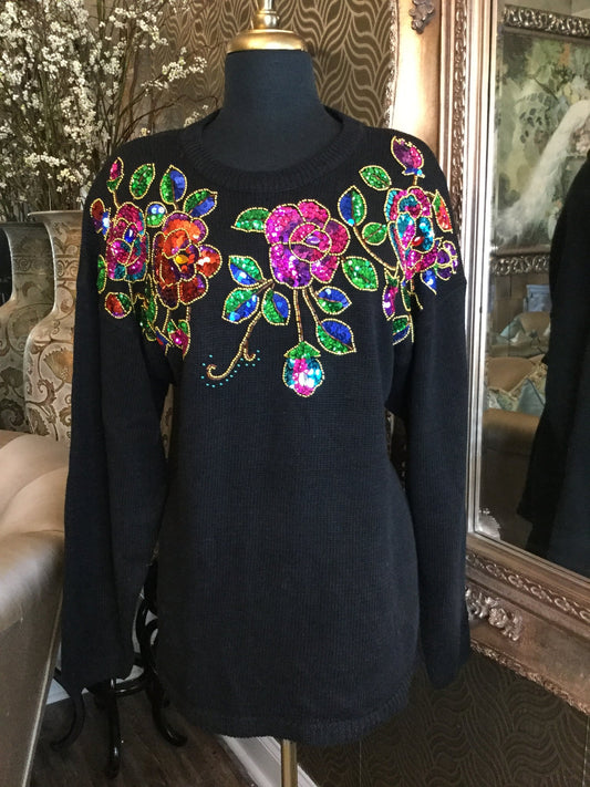 Vintage black multi sequin floral sweater