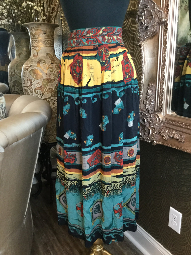 Vintage black green multi print skirt