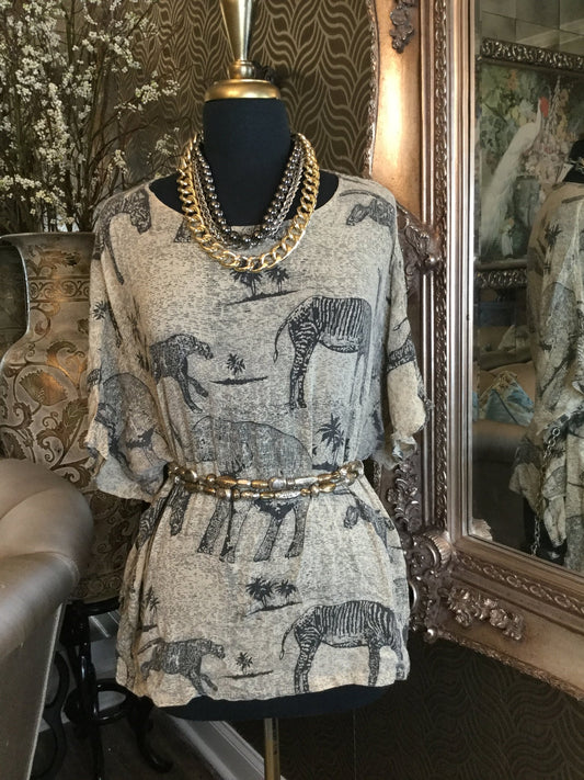 Vintage cream black animal print top