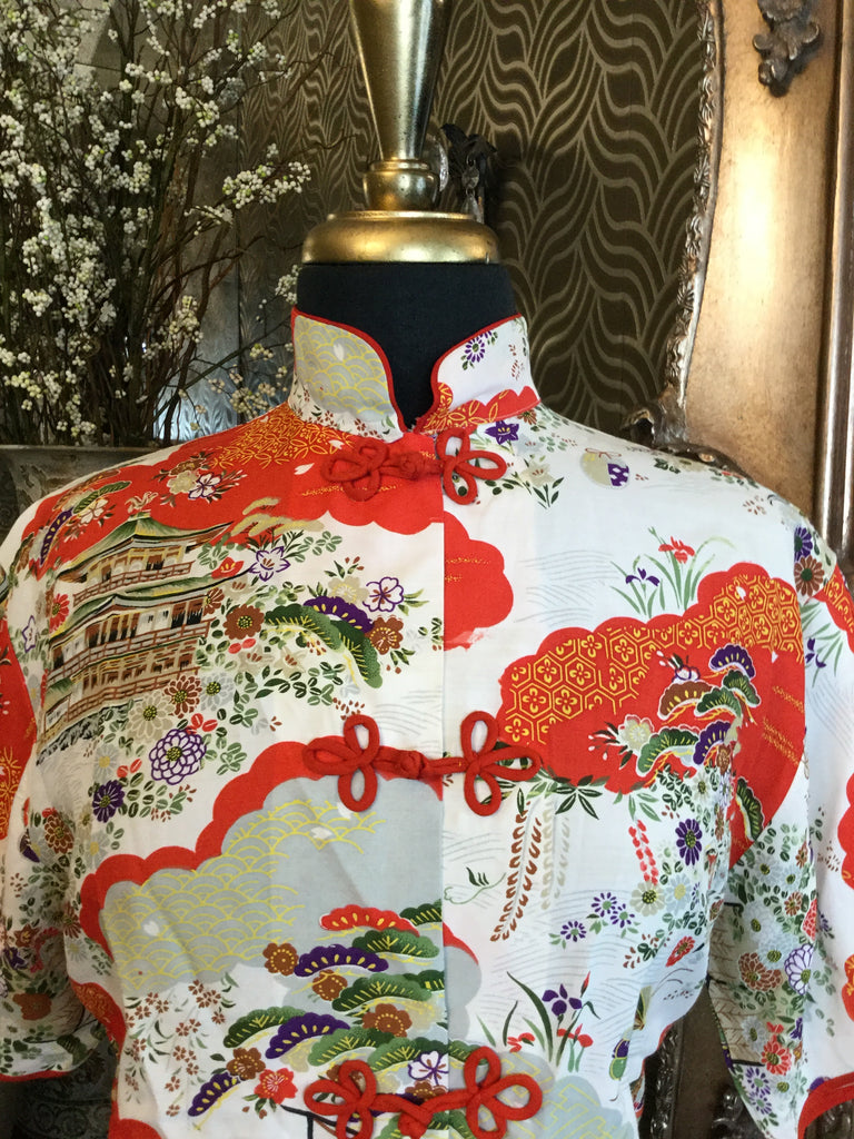 Vintage Beautiful white red hand printed asian print top