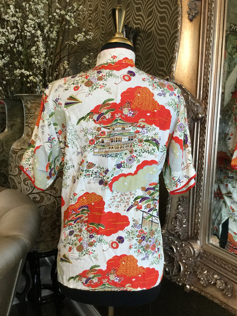 Vintage Beautiful white red hand printed asian print top