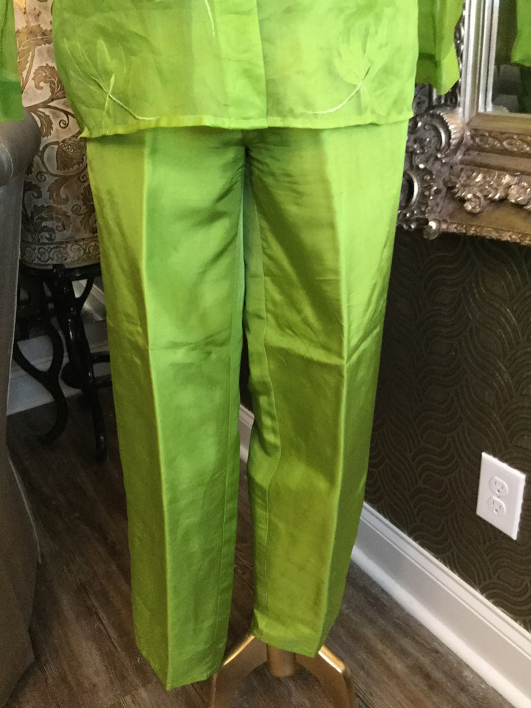 Vintage silk green emboss leaf print jacket top pants