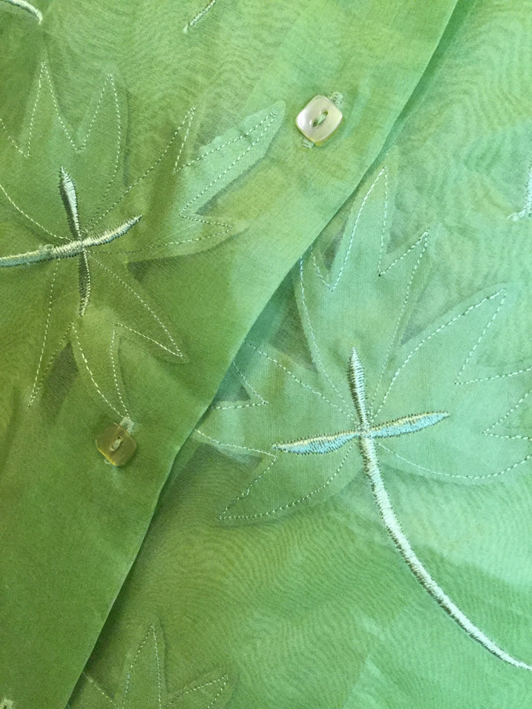 Vintage silk green emboss leaf print jacket top pants