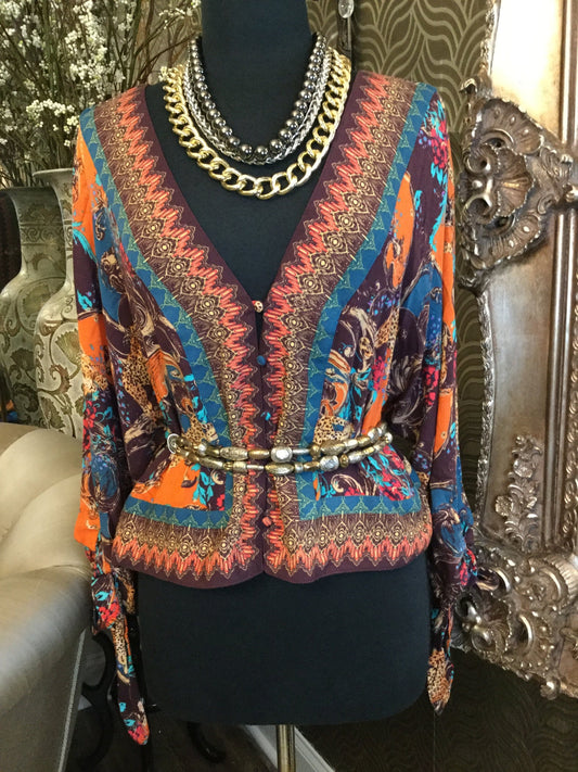 Vintage brown orange multi print top