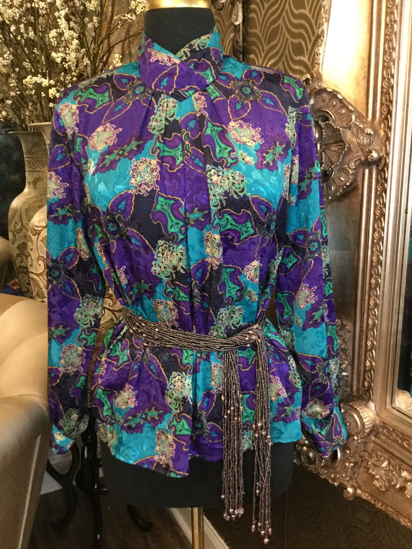 Vintage purple teal multi print top