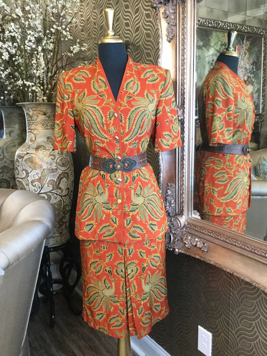 Vintage orange gold print jacket skirt